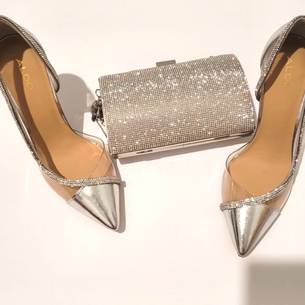 Sliver Aldo High Heels with Rhinestone Size 8.5 w/ Rhinestone Bling Clutch Purse